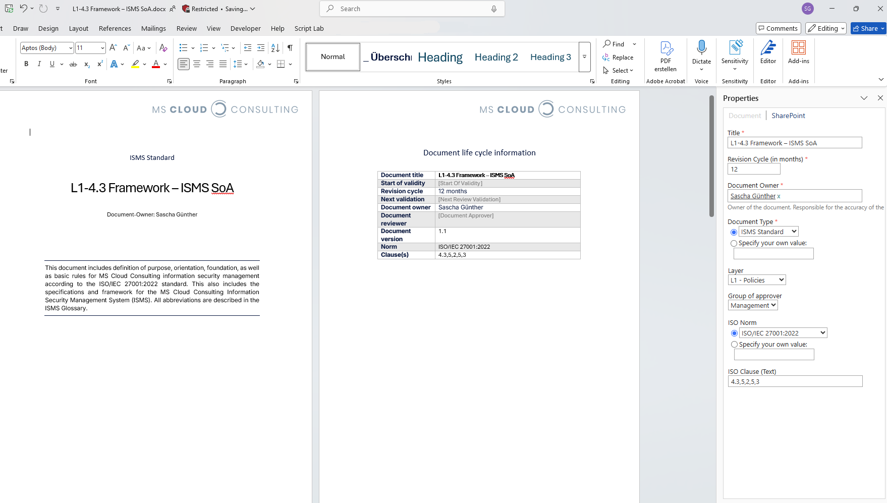 Word-Dokument im Corporate Design mit SharePoint-Metadatenpanel