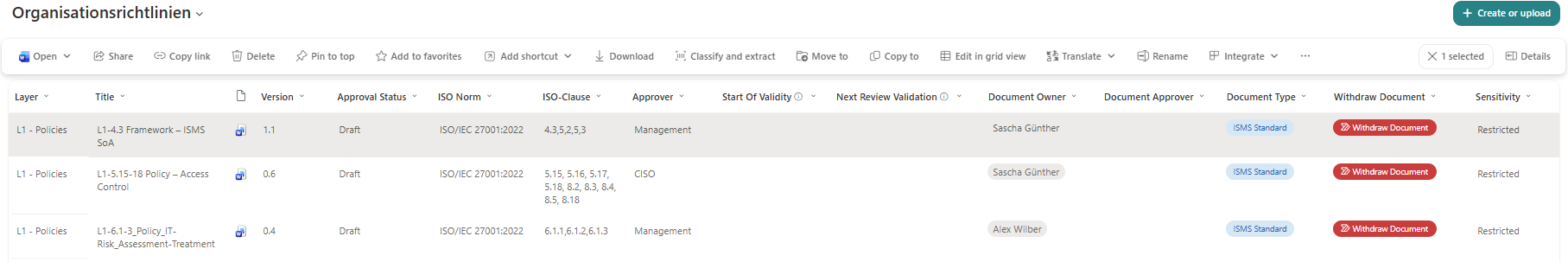SharePoint-Bibliothek mit Entwurfsdokumenten und ISO-Metadatenspalten
