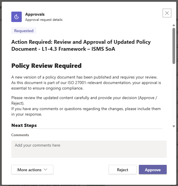 Teams-Approvals-Anfrage: Action Required, Policy Review