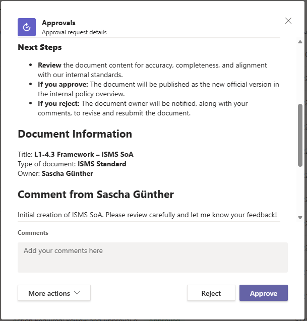 Teams-Approvals: Next Steps und Document Information