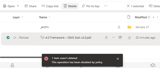 SharePoint-Meldung: 1 item wasn't deleted – This operation has been disabled by policy